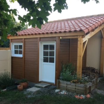 Abri de jardin en béton aspect bois 1 pente avec bûcher